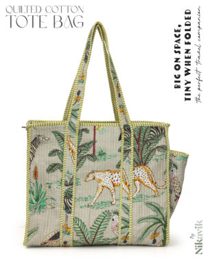 Beige Cotton Premium & Elegant Exotic Animal Print Quilted Tote Bag For Women