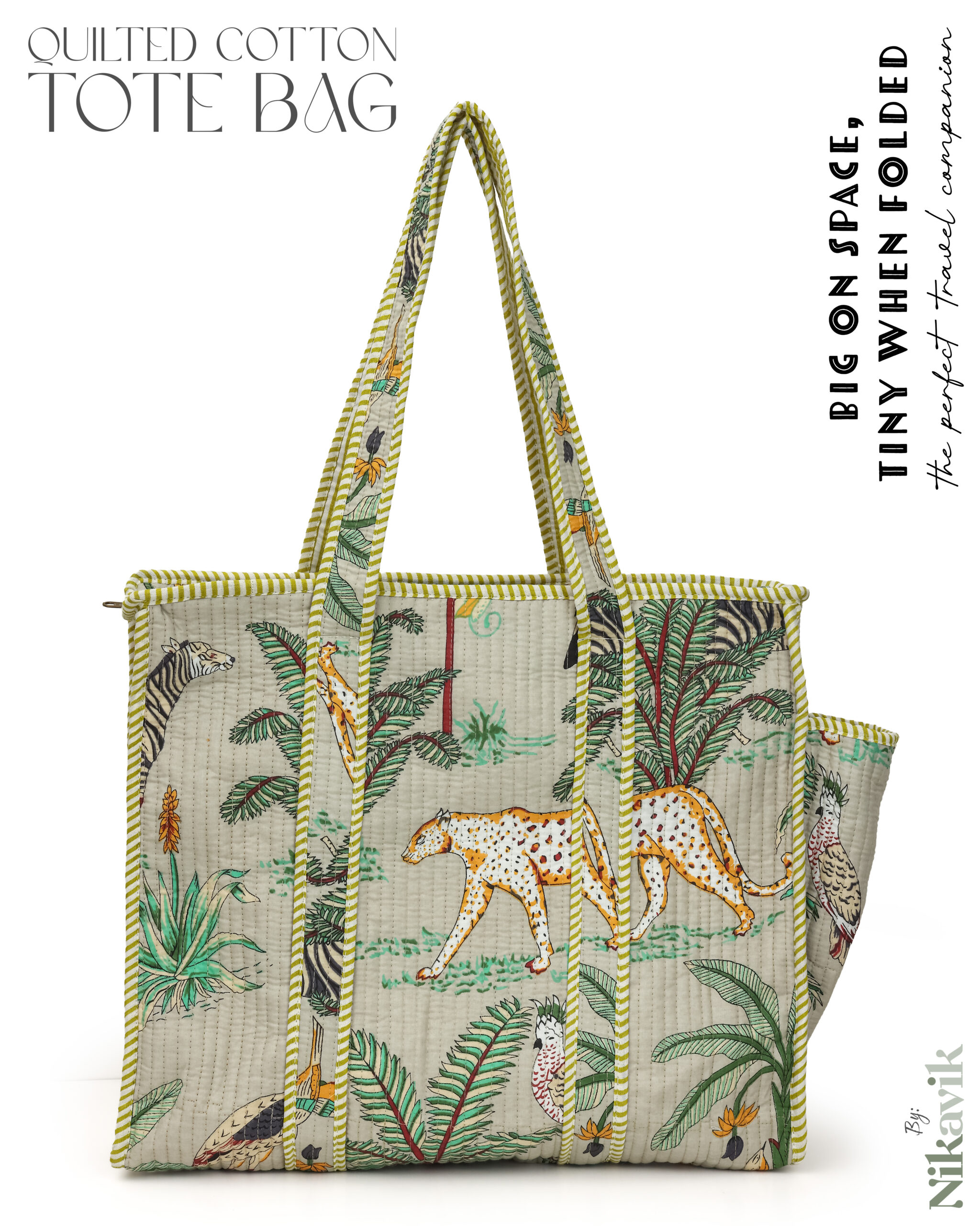 Beige Cotton Premium & Elegant Exotic Animal Print Quilted Tote Bag For Women