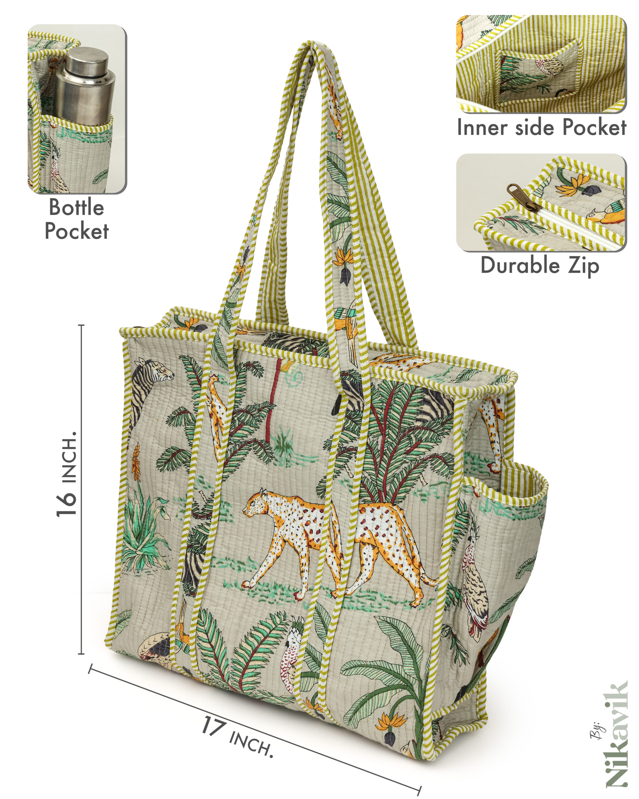 Beige Cotton Premium & Elegant Exotic Animal Print Quilted Tote Bag For Women - Image 3
