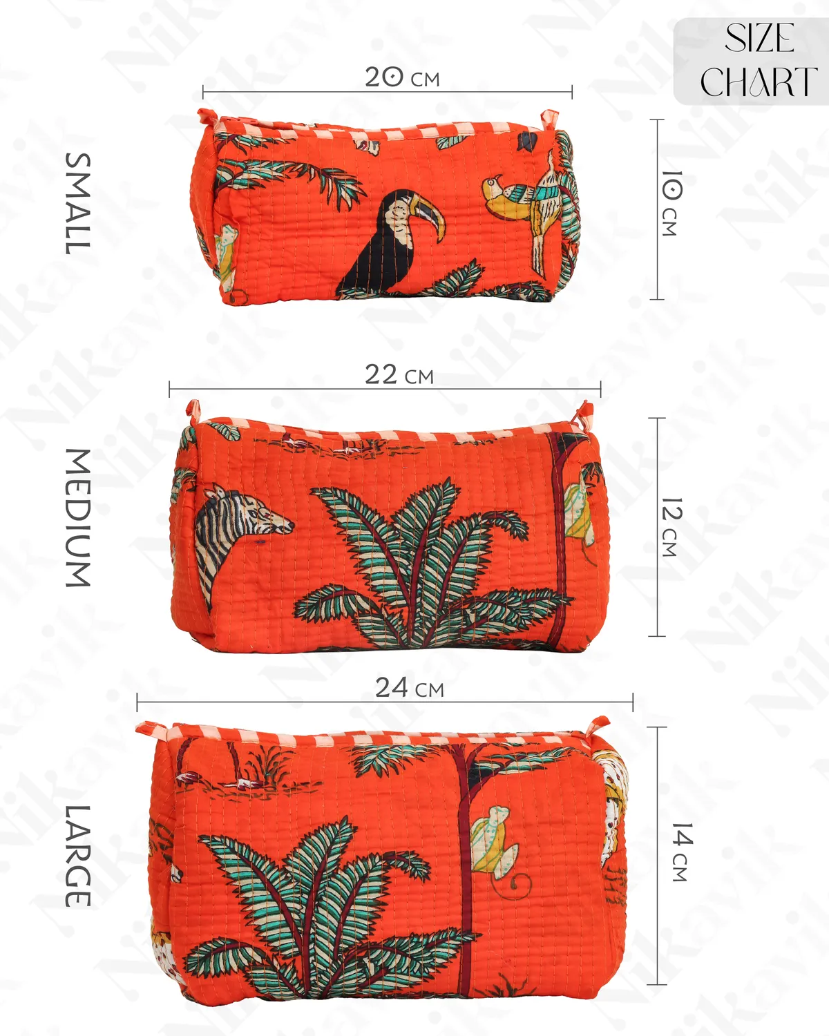 Orange Cotton Premium & Elegant Printed Quilted Cosmetic Pouch Set For Unisex (Set Of 3) - Image 3