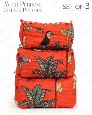 Orange Cotton Premium & Elegant Printed Quilted Cosmetic Pouch Set For Unisex (Set Of 3)