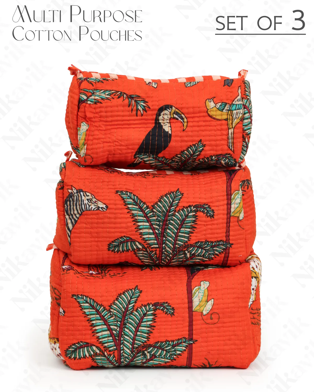 Orange Cotton Premium & Elegant Printed Quilted Cosmetic Pouch Set For Unisex (Set Of 3)