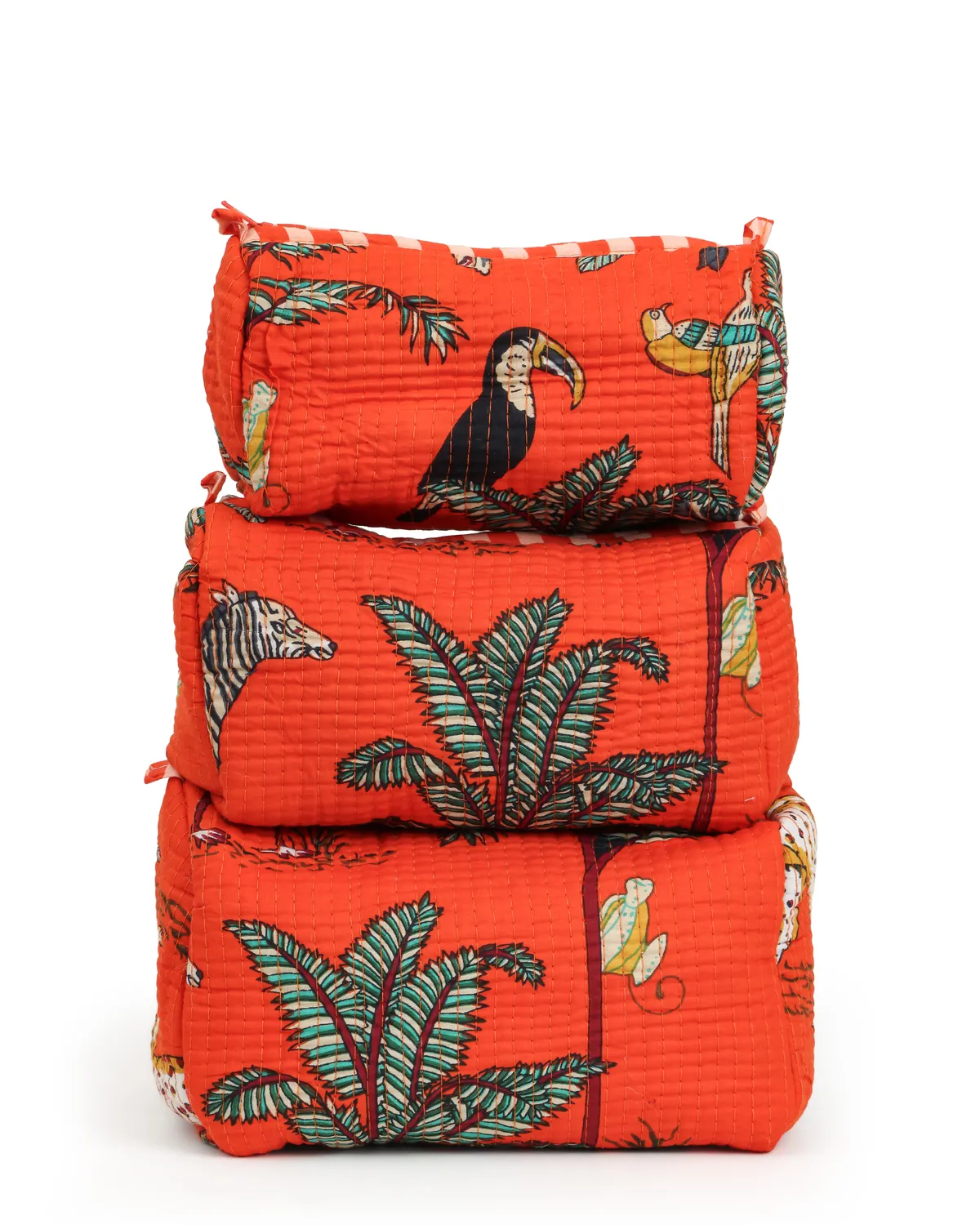Orange Cotton Premium & Elegant Printed Quilted Cosmetic Pouch Set For Unisex (Set Of 3) - Image 2