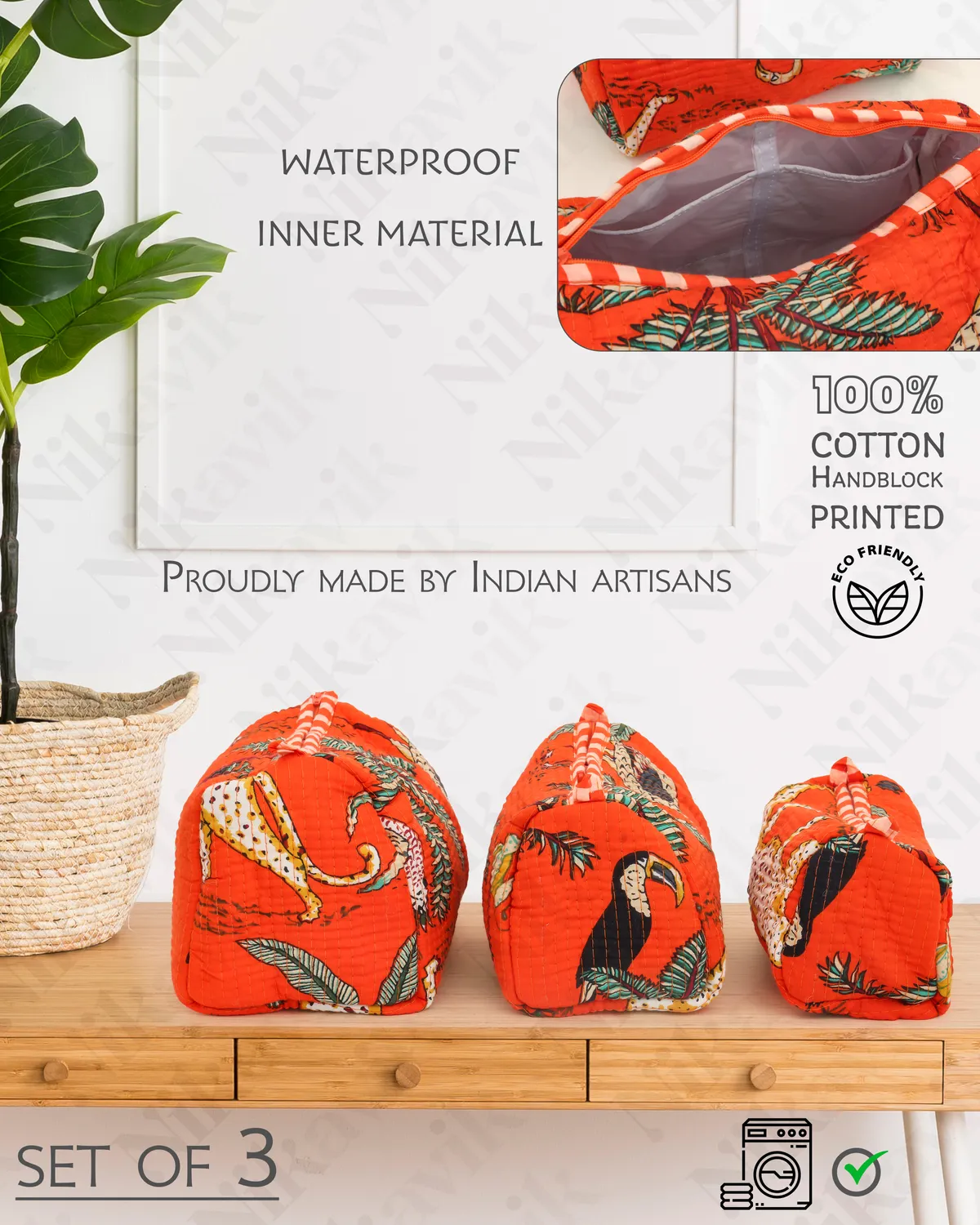 Orange Cotton Premium & Elegant Printed Quilted Cosmetic Pouch Set For Unisex (Set Of 3) - Image 4