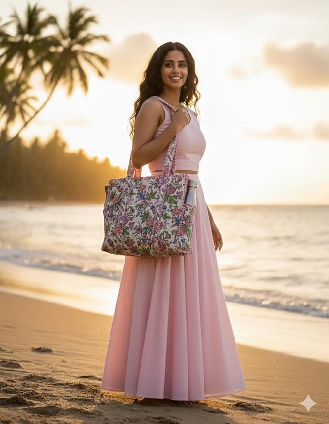 White Pink Cotton Premium & Elegant Hand Block Print Quilted Tote Bag With 3 Pouches Set For Women (Set Of 4) - Image 9