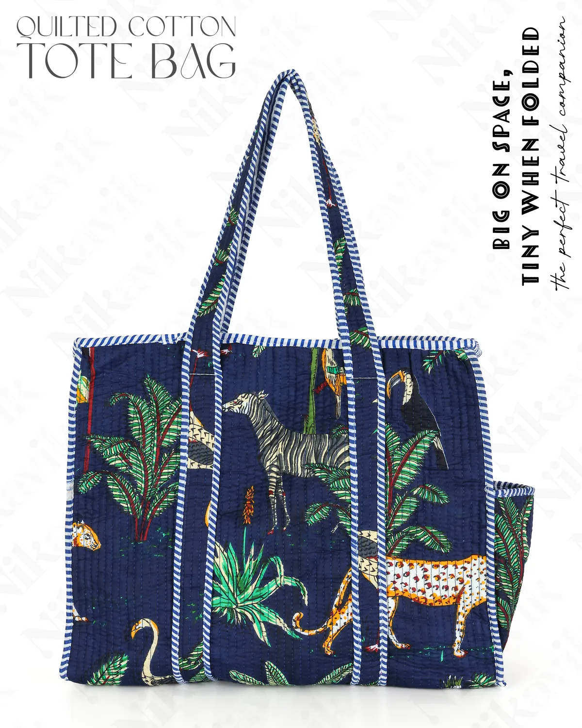 Navy Blue(Safari) Cotton Premium & Elegant Hand Block Print Quilted Tote Bag With 3 Pouches Set For Women (Set Of 4) - Image 8