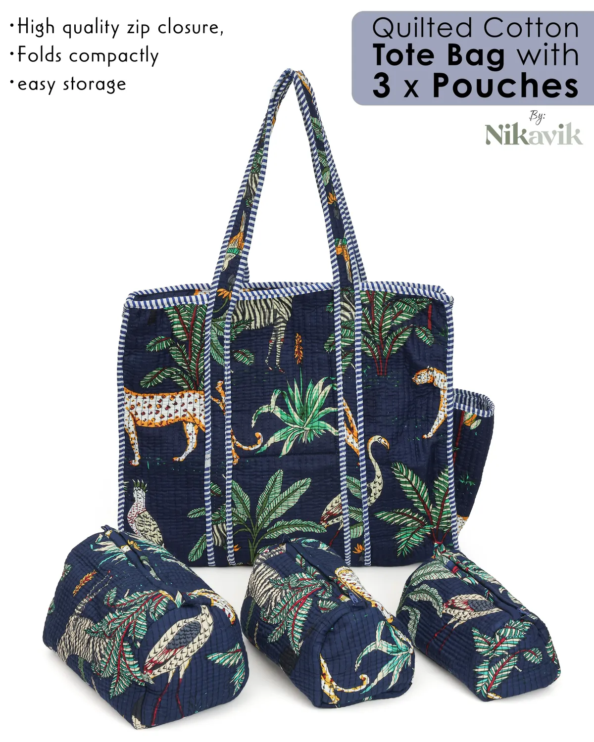 Navy Blue(Safari) Cotton Premium & Elegant Hand Block Print Quilted Tote Bag With 3 Pouches Set For Women (Set Of 4) - Image 9