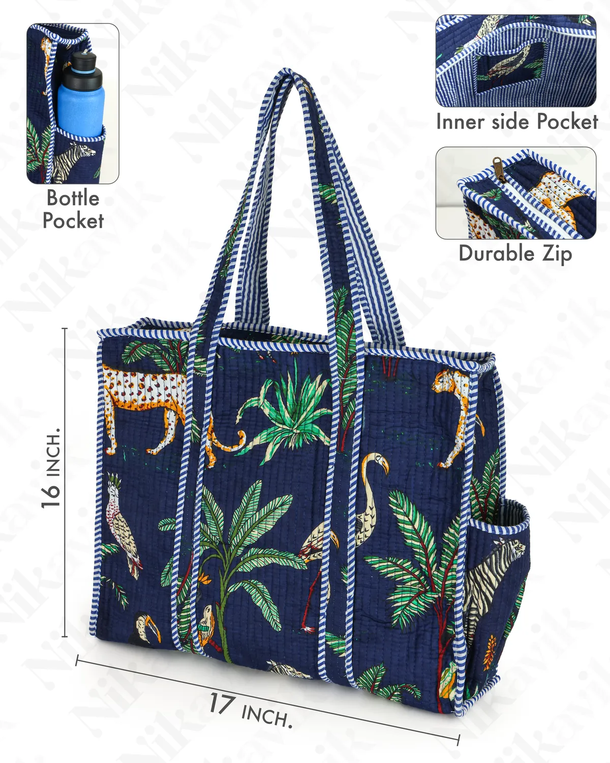 Navy Blue(Safari) Cotton Premium & Elegant Hand Block Print Quilted Tote Bag With 3 Pouches Set For Women (Set Of 4) - Image 7