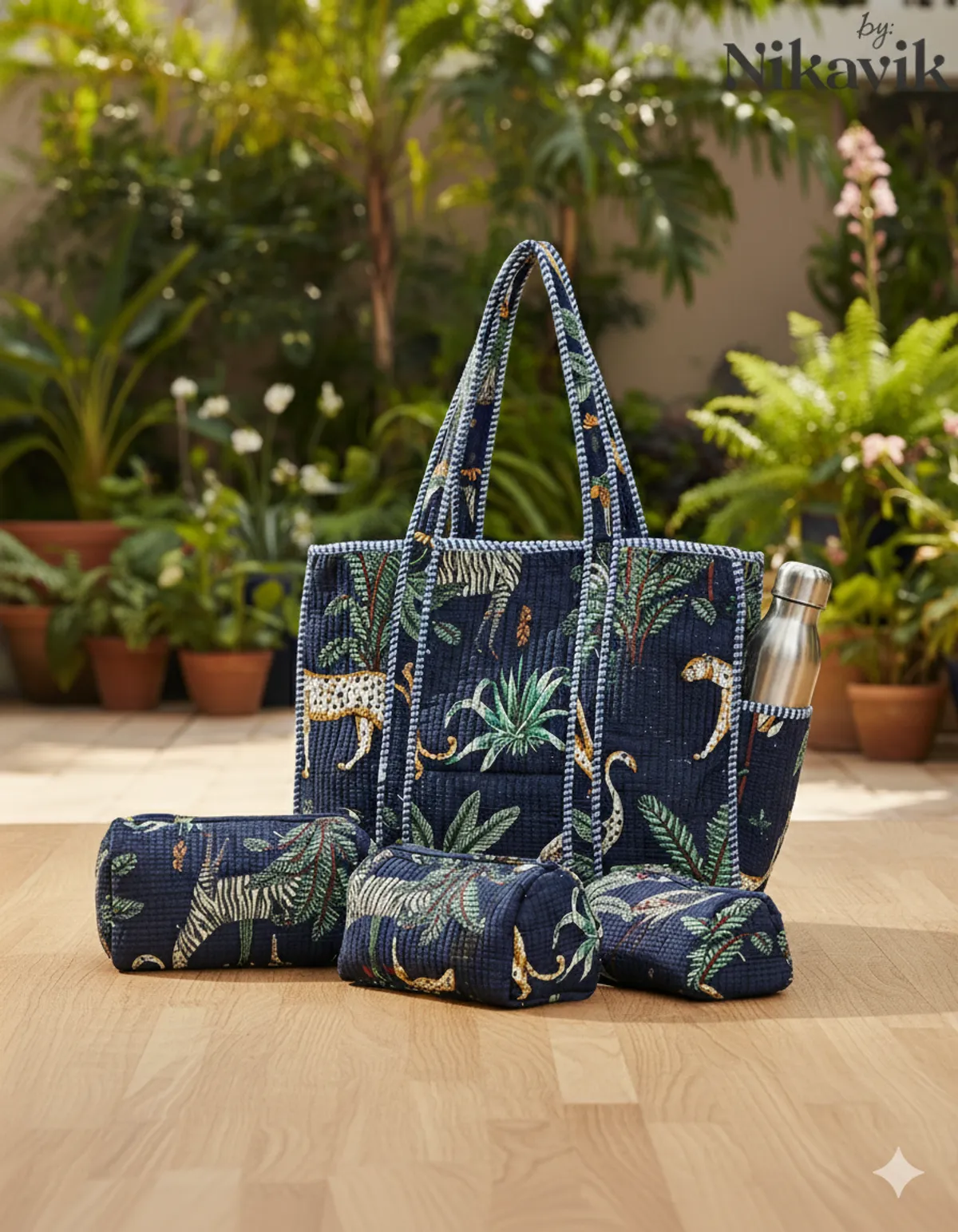 Navy Blue(Safari) Cotton Premium & Elegant Hand Block Print Quilted Tote Bag With 3 Pouches Set For Women (Set Of 4)