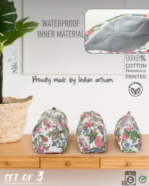 Alternative view of White Pink Cotton Premium & Elegant Printed Quilted Cosmetic Pouch Set For