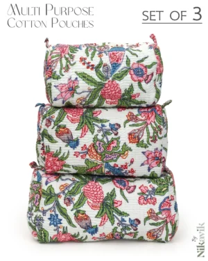 White Pink Cotton Premium & Elegant Printed Quilted Cosmetic Pouch Set For
