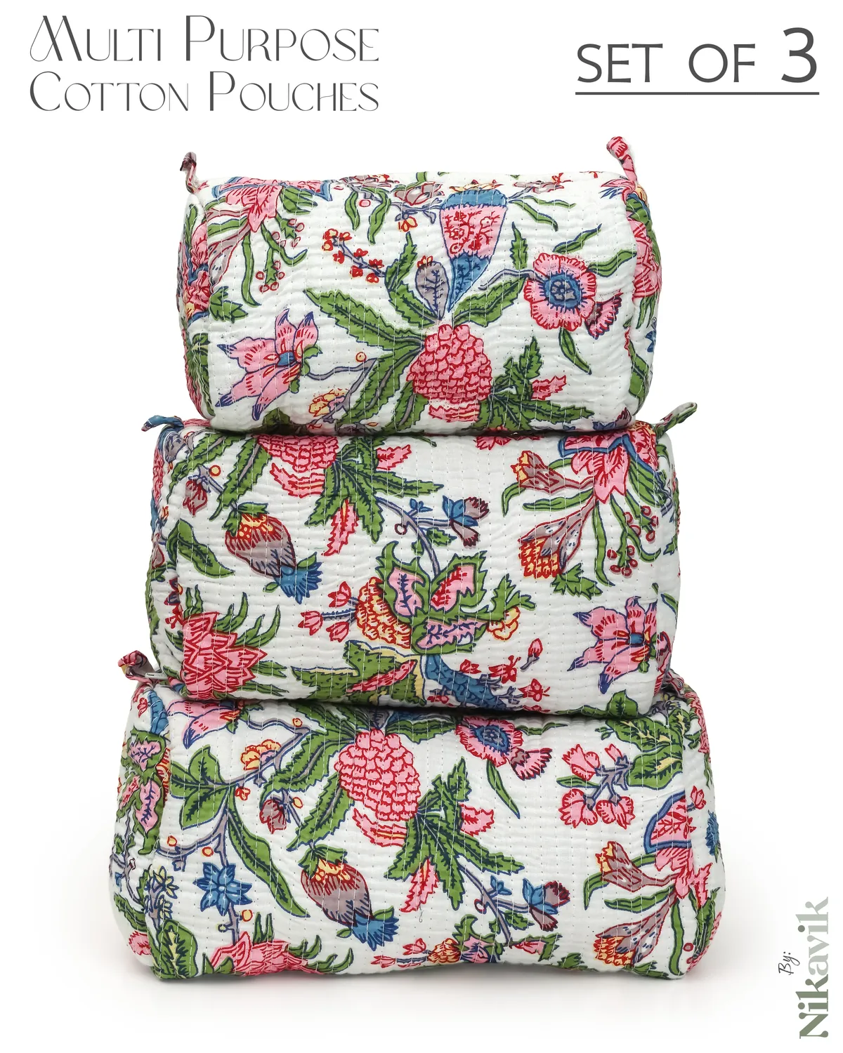White Pink Cotton Premium & Elegant Printed Quilted Cosmetic Pouch Set For