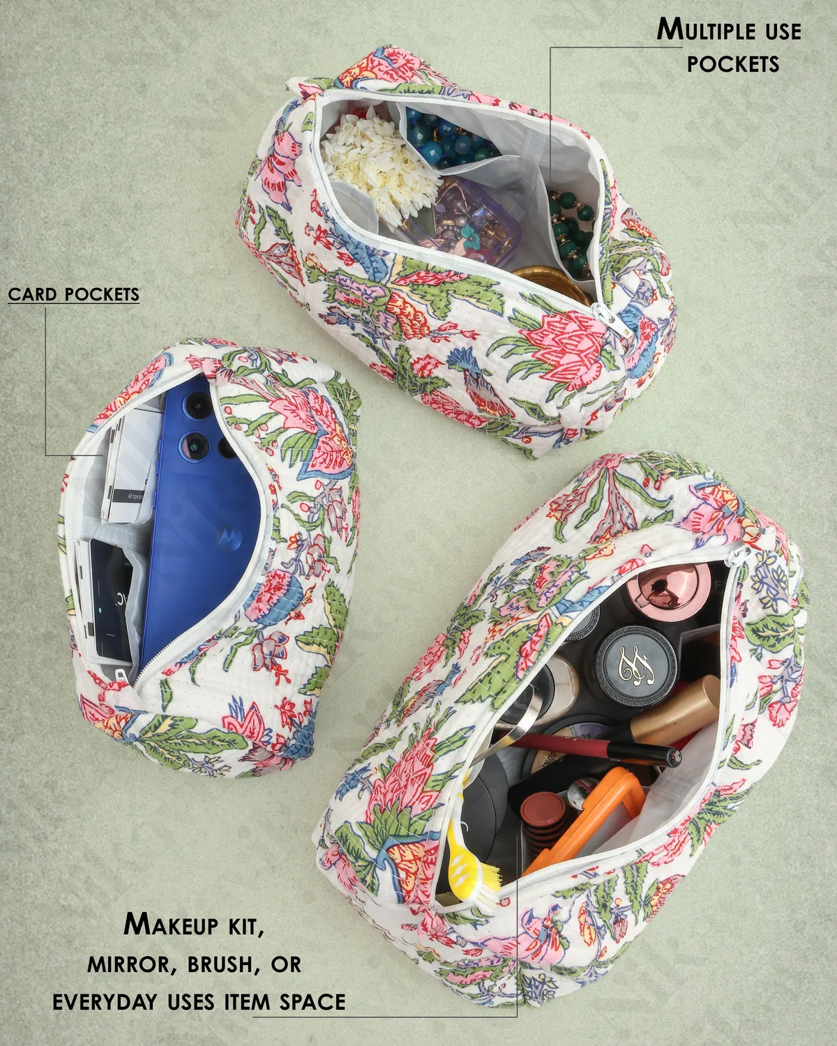 White Pink Cotton Premium & Elegant Printed Quilted Cosmetic Pouch Set For - Image 3