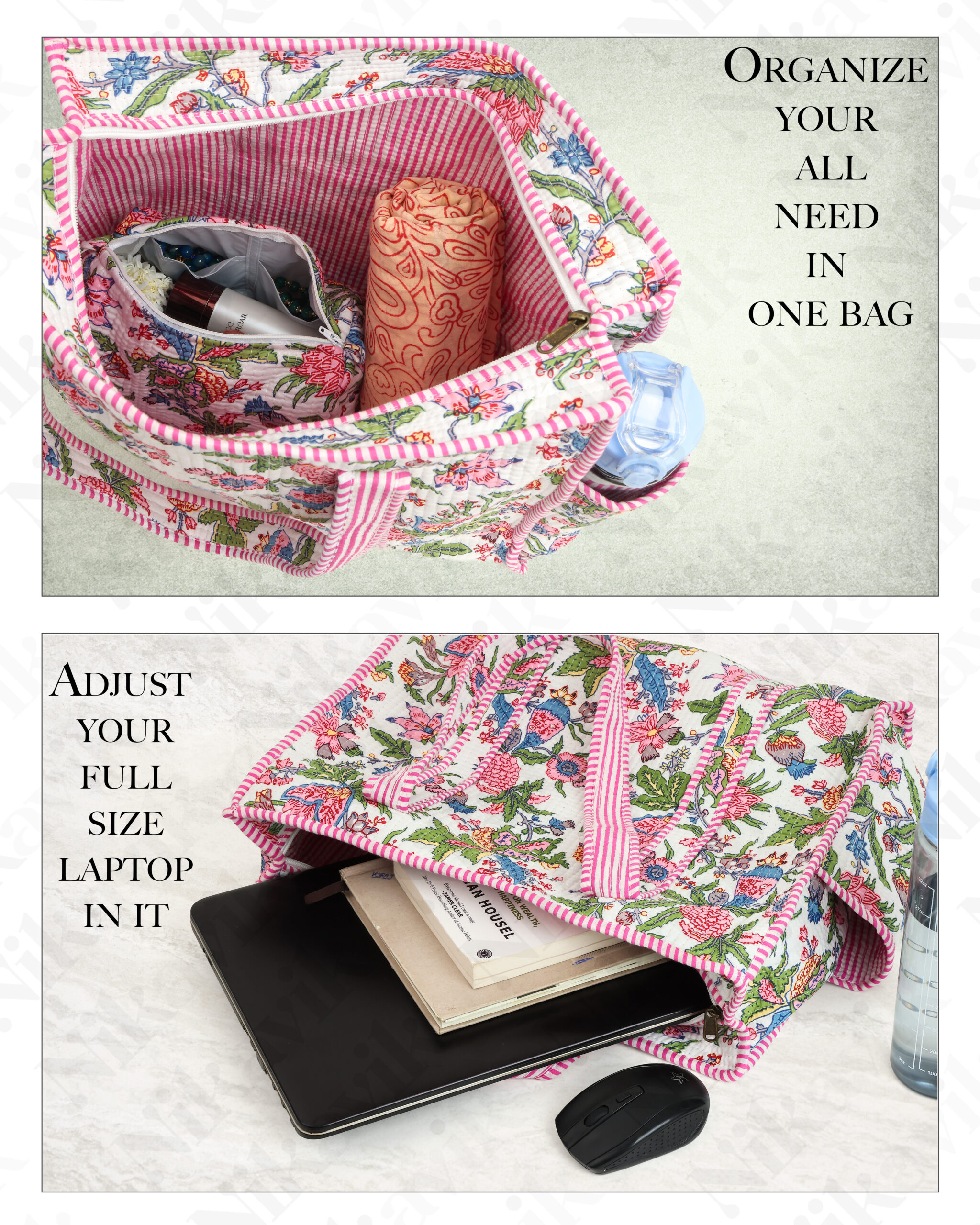 White Pink Cotton Premium & Elegant Floral Hand Block Print Quilted Tote Bag For Women - Image 8
