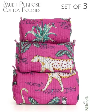 Dark Pink  Cotton Premium & Elegant Printed Quilted Cosmetic Pouch Set For Unisex (Set Of 3)