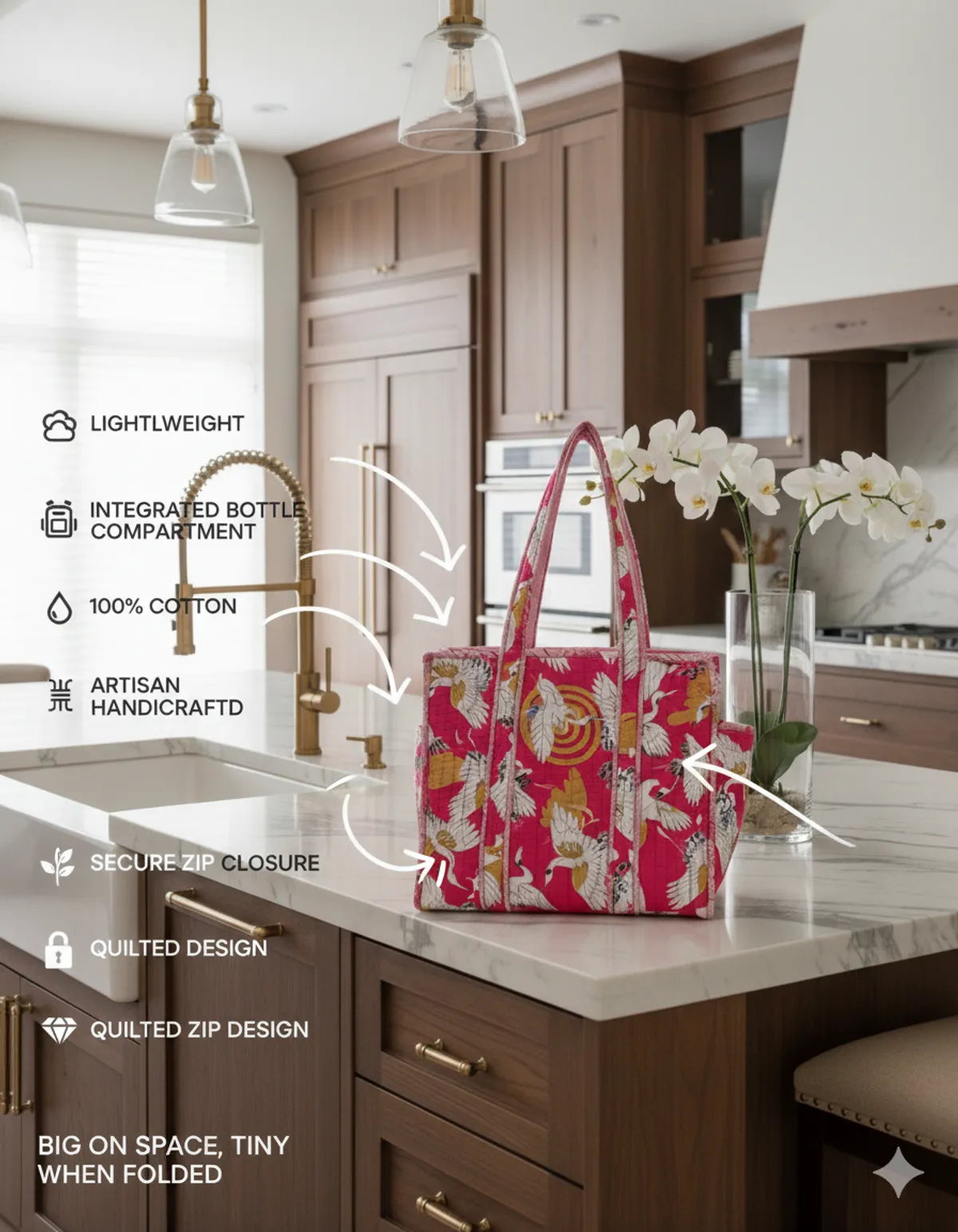 Pink Bird Cotton Premium & Elegant Exotic Print Quilted Tote Bag For Women - Image 3