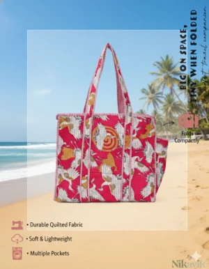 Alternative view of Pink Bird Cotton Premium & Elegant Exotic Print Quilted Tote Bag For Women