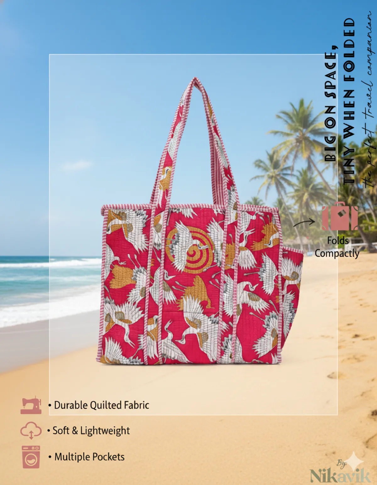 Pink Bird Cotton Premium & Elegant Exotic Print Quilted Tote Bag For Women - Image 2