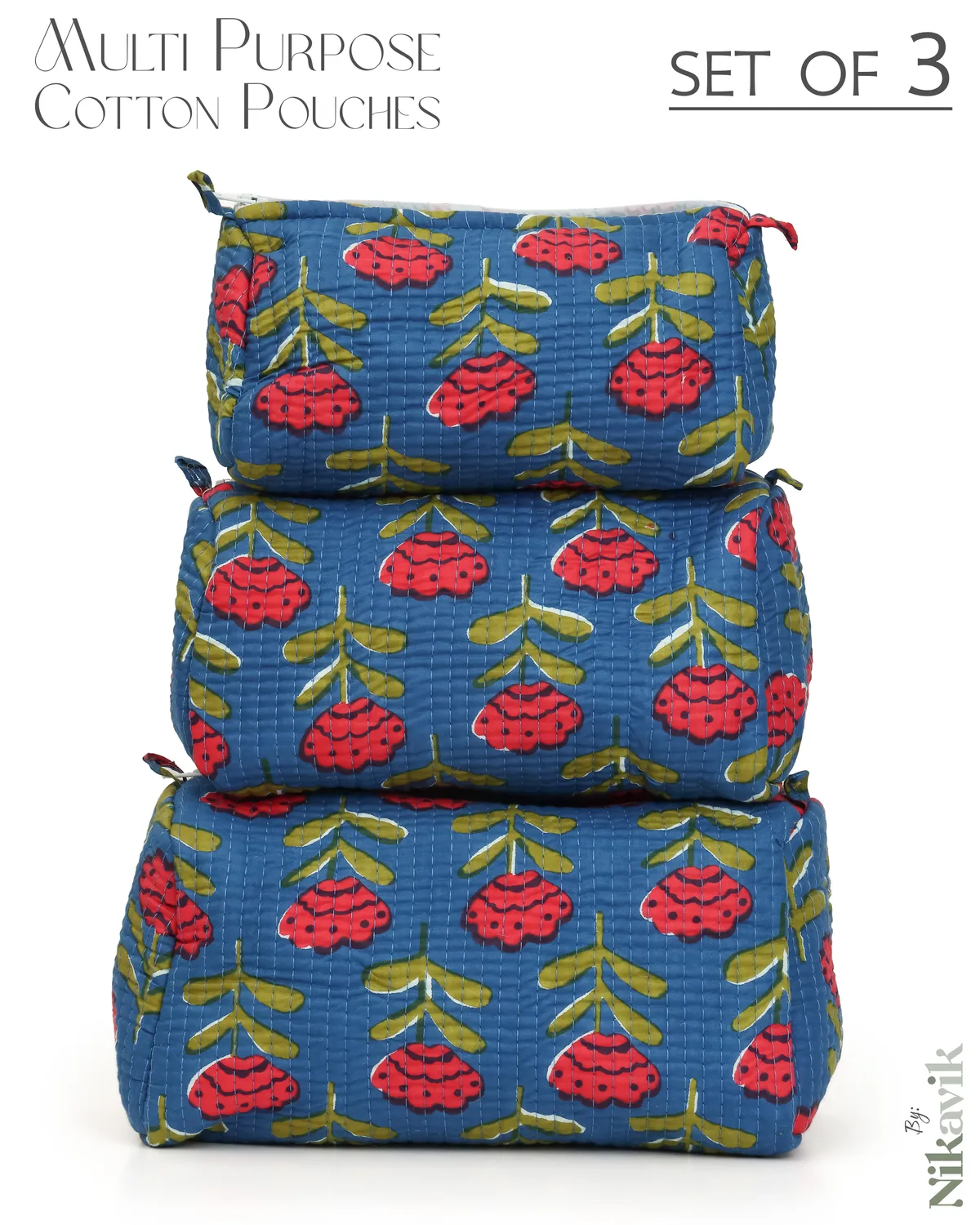 Blue Red Cotton Premium & Elegant Hand Block Print Quilted Tote Bag With 3 Pouches Set For Women (Set Of 4) - Image 7