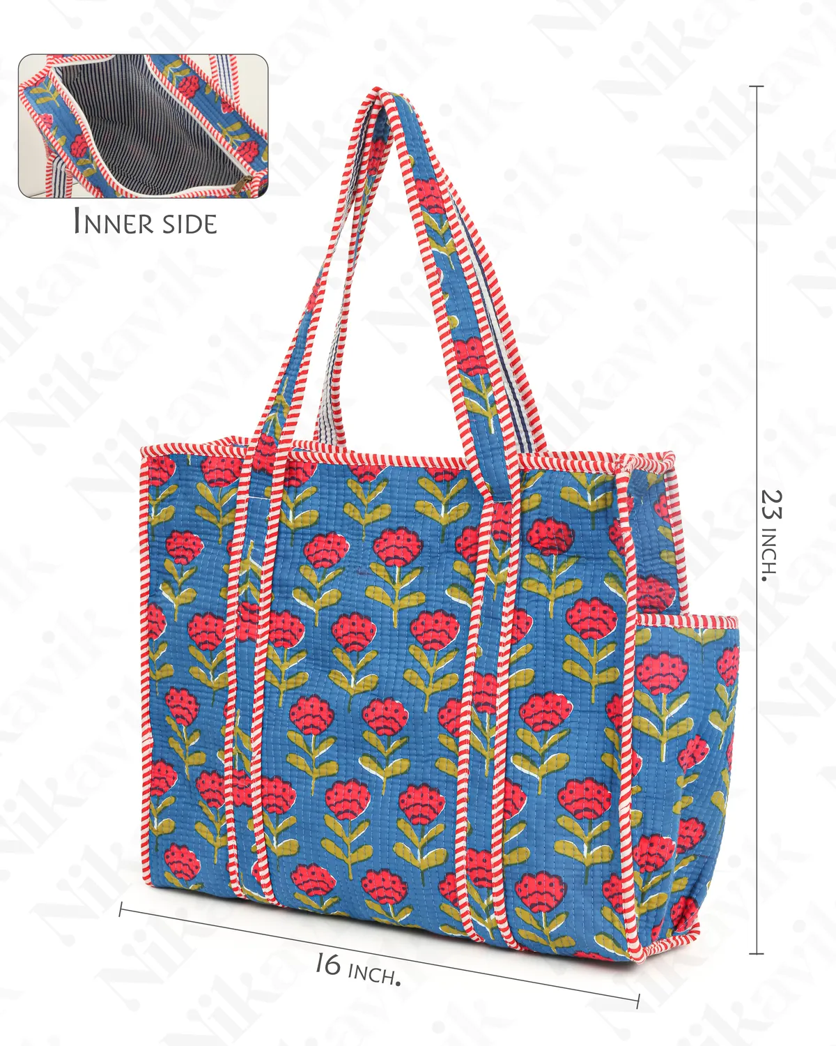 Blue Red Cotton Premium & Elegant Hand Block Print Quilted Tote Bag With 3 Pouches Set For Women (Set Of 4) - Image 5