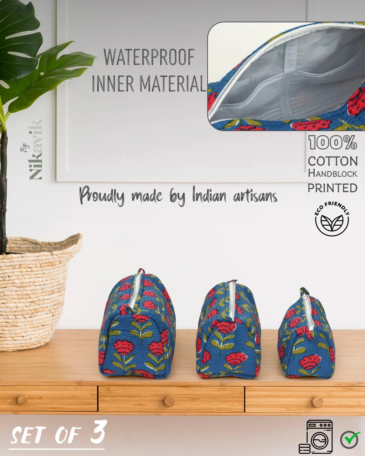 Blue Red Cotton Premium & Elegant Hand Block Print Quilted Tote Bag With 3 Pouches Set For Women (Set Of 4) - Image 8
