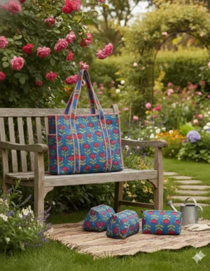 Blue Red Cotton Premium & Elegant Hand Block Print Quilted Tote Bag With 3 Pouches Set For Women (Set Of 4)