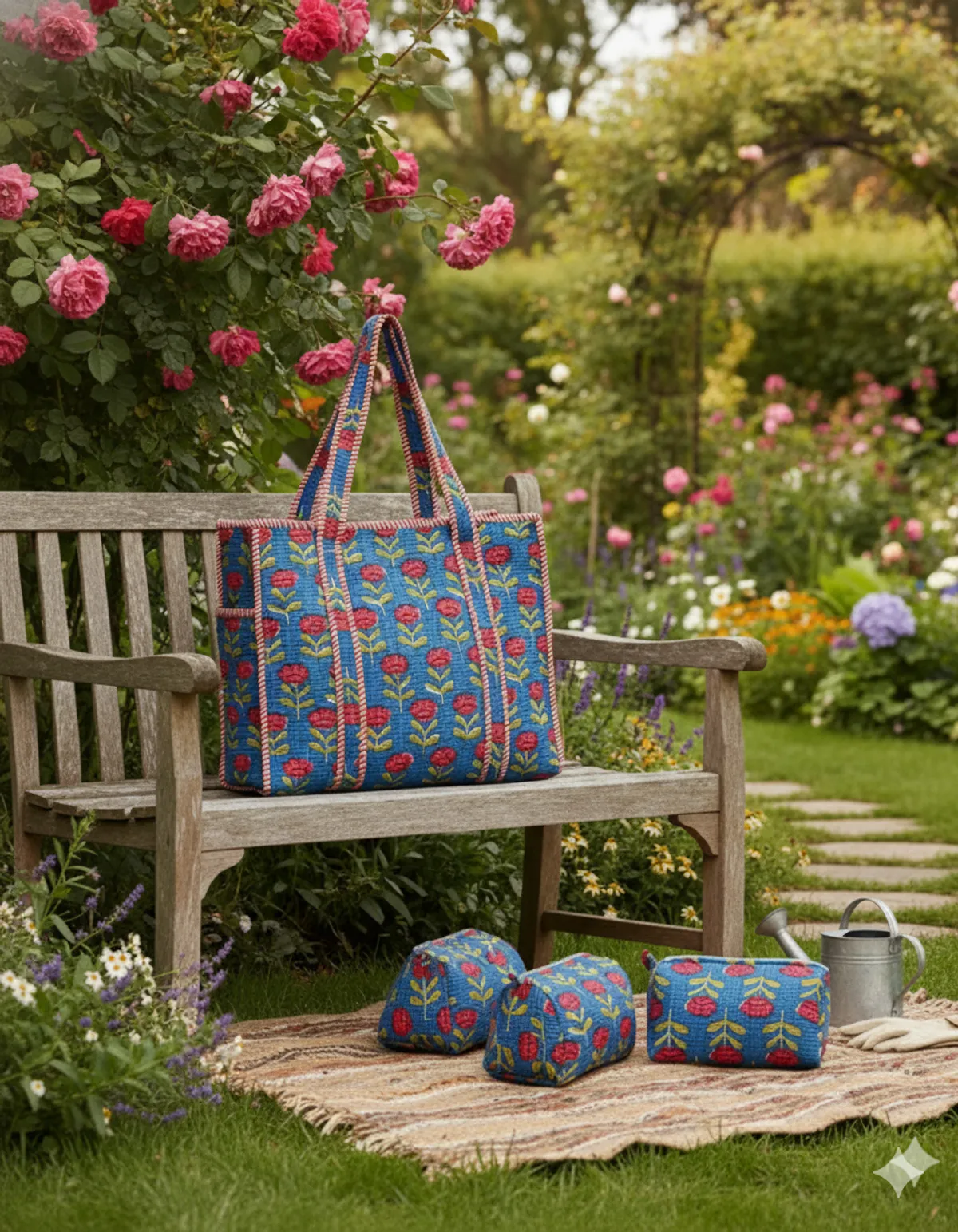 Blue Red Cotton Premium & Elegant Hand Block Print Quilted Tote Bag With 3 Pouches Set For Women (Set Of 4)