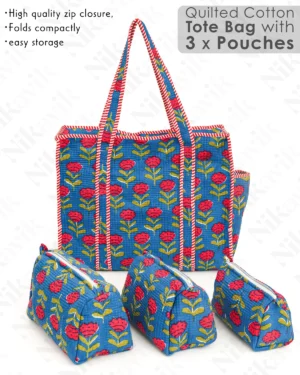 Alternative view of Blue Red Cotton Premium & Elegant Hand Block Print Quilted Tote Bag With 3 Pouches Set For Women (Set Of 4)