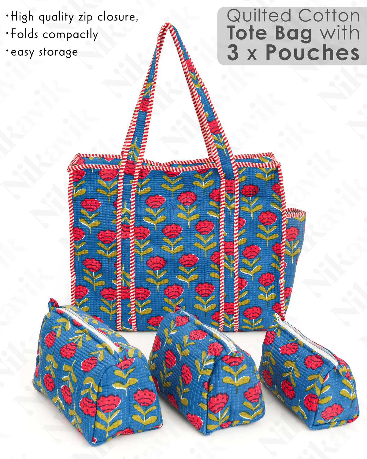Blue Red Cotton Premium & Elegant Hand Block Print Quilted Tote Bag With 3 Pouches Set For Women (Set Of 4) - Image 2