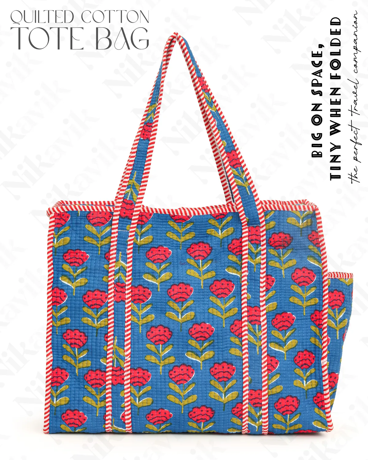 Blue Red Cotton Premium & Elegant Hand Block Print Quilted Tote Bag With 3 Pouches Set For Women (Set Of 4) - Image 4