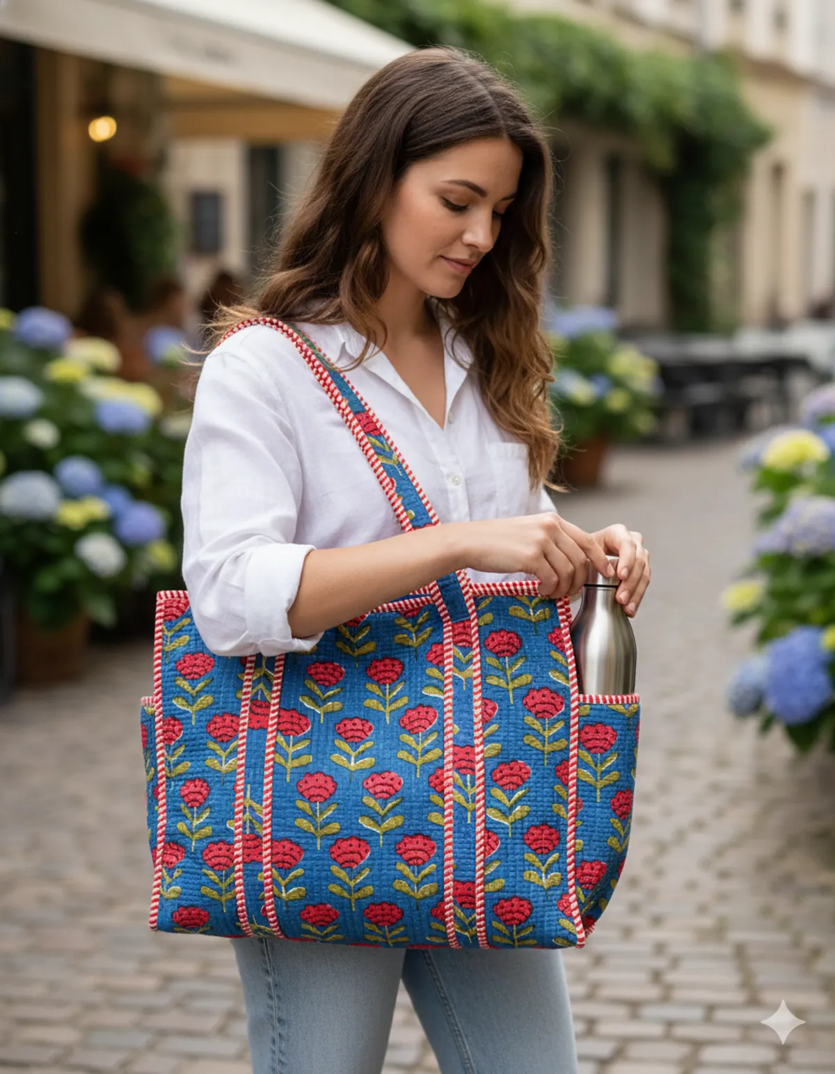Blue Red Cotton Premium & Elegant Hand Block Print Quilted Tote Bag With 3 Pouches Set For Women (Set Of 4) - Image 3