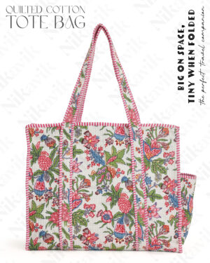 White Pink Cotton Premium & Elegant Floral Hand Block Print Quilted Tote Bag For Women