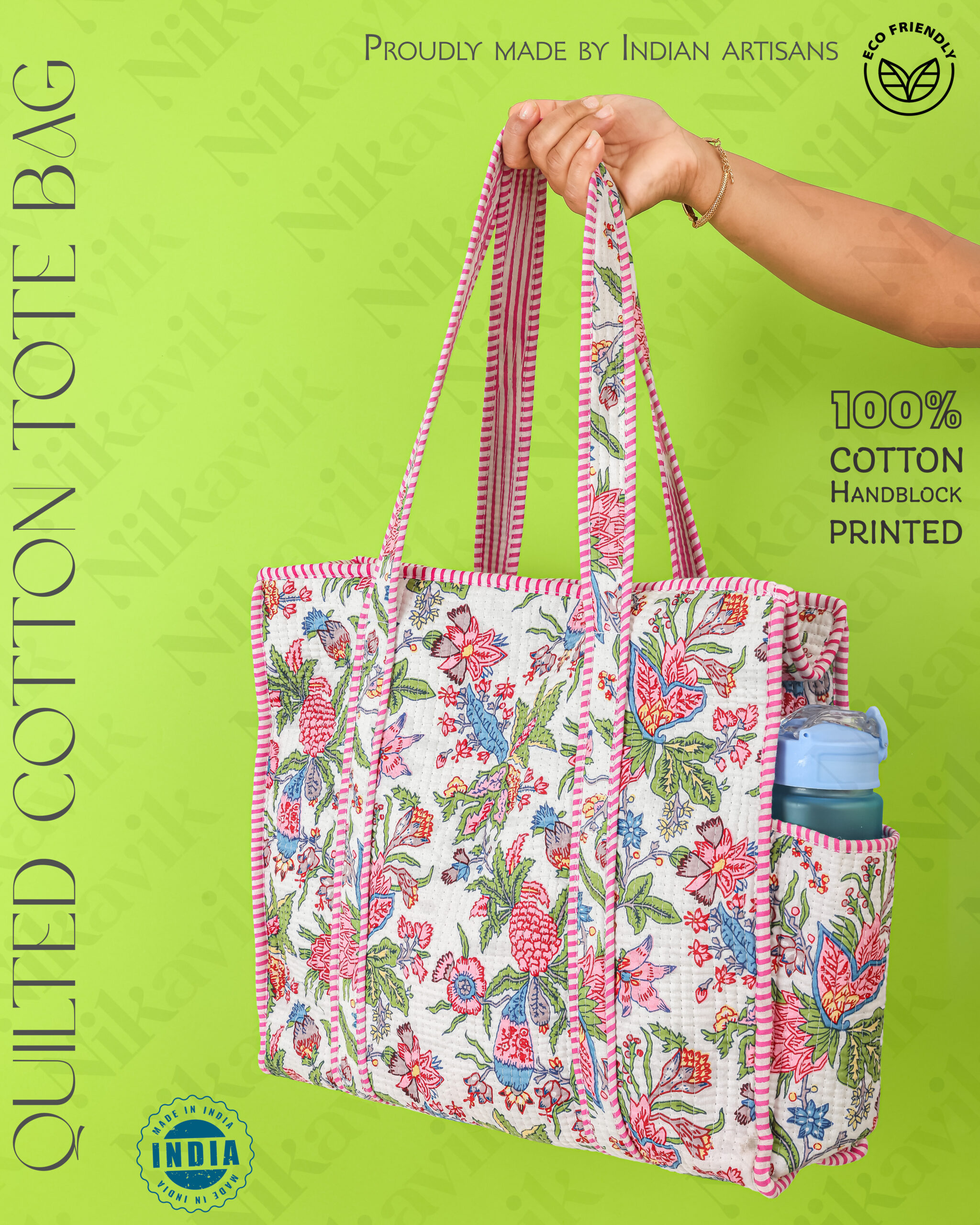 White Pink Cotton Premium & Elegant Floral Hand Block Print Quilted Tote Bag For Women - Image 10