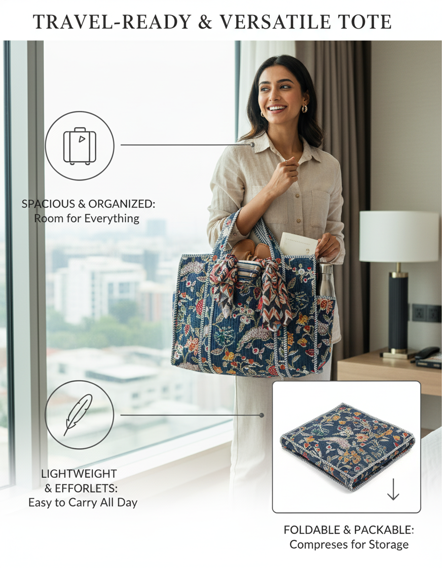 Blue(Multi) Cotton Premium & Elegant Floral Hand Block Print Quilted Tote Bag For Women - Image 4