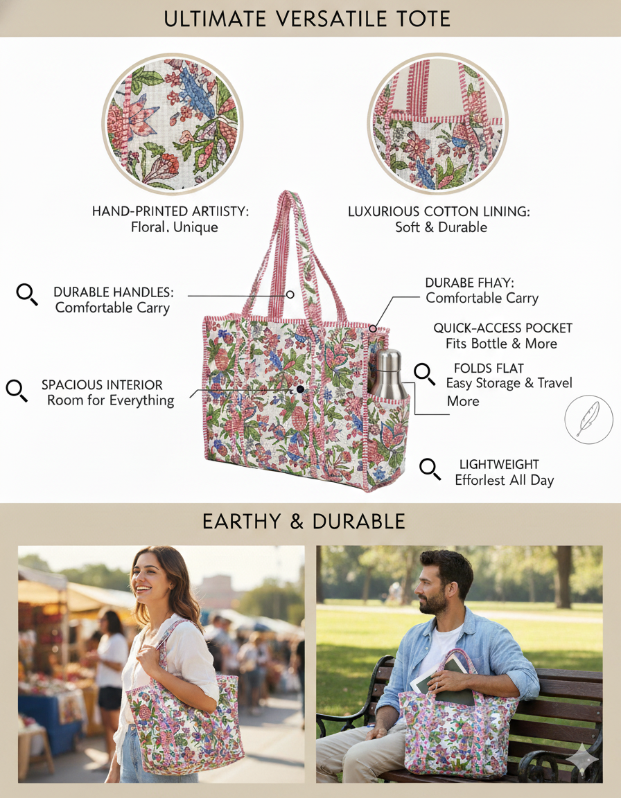 White Pink Cotton Premium & Elegant Floral Hand Block Print Quilted Tote Bag For Women - Image 13