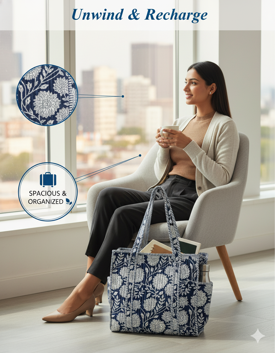 Navy Blue White Cotton Premium & Elegant Floral Hand Block Print Quilted Tote Bag For Women - Image 10