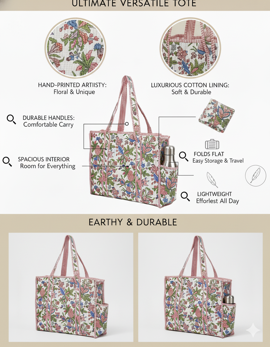 White Pink Cotton Premium & Elegant Floral Hand Block Print Quilted Tote Bag For Women - Image 12