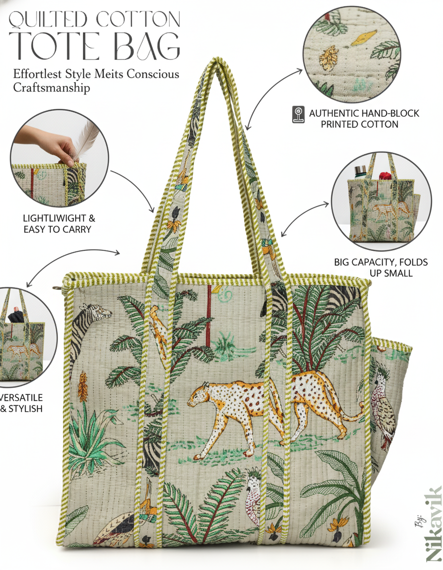 Beige Cotton Premium & Elegant Exotic Animal Print Quilted Tote Bag For Women - Image 8