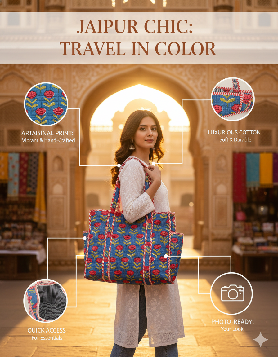 Blue Red Cotton Premium & Elegant Floral Hand Block Print Quilted Tote Bag For Women - Image 4
