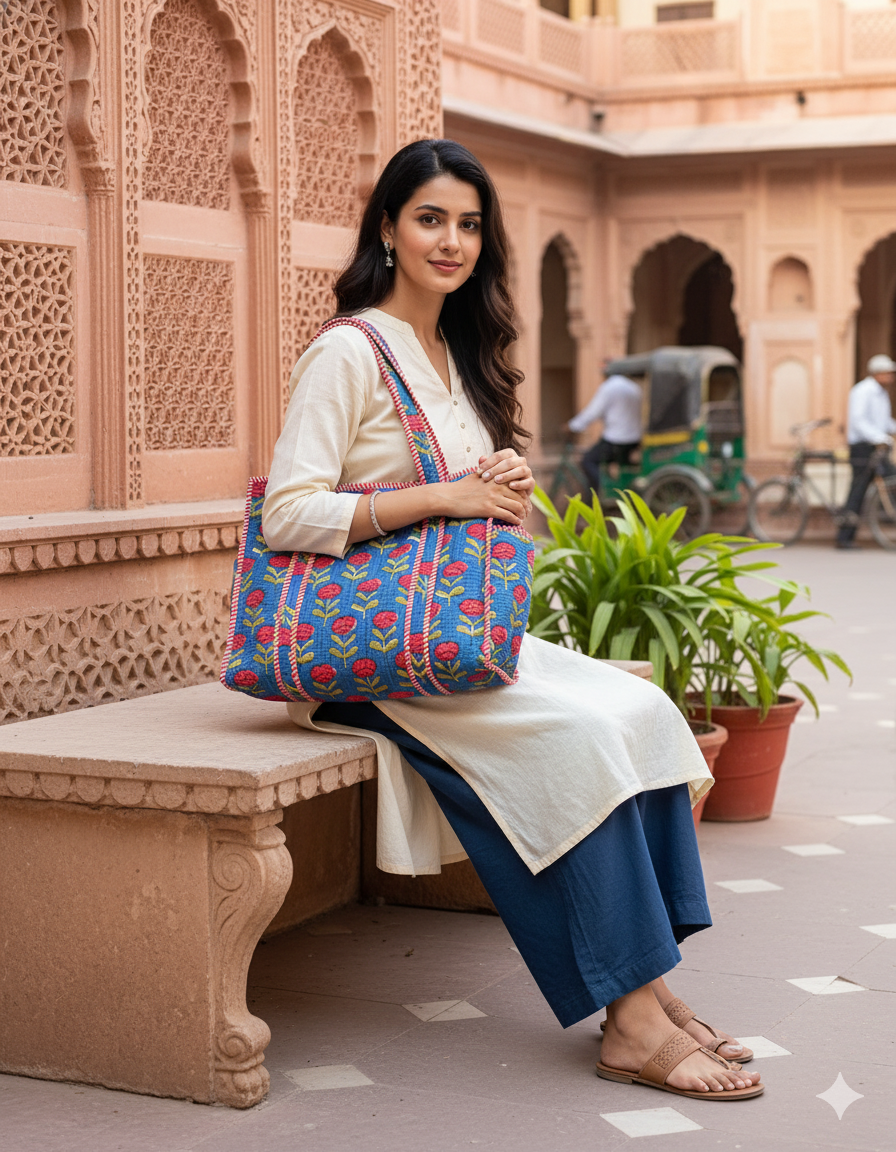 Blue Red Cotton Premium & Elegant Floral Hand Block Print Quilted Tote Bag For Women - Image 3