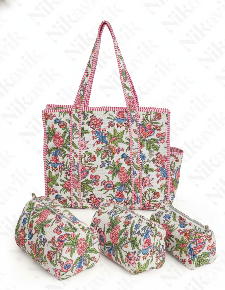 White Pink Cotton Premium & Elegant Hand Block Print Quilted Tote Bag With 3 Pouches Set For Women (Set Of 4) - Image 5