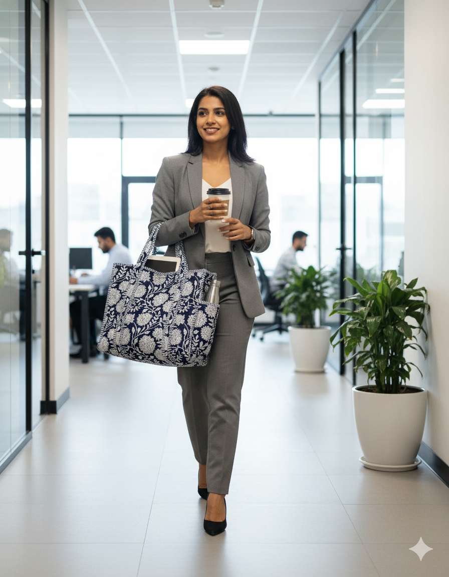 Navy Blue White Cotton Premium & Elegant Floral Hand Block Print Quilted Tote Bag For Women - Image 11