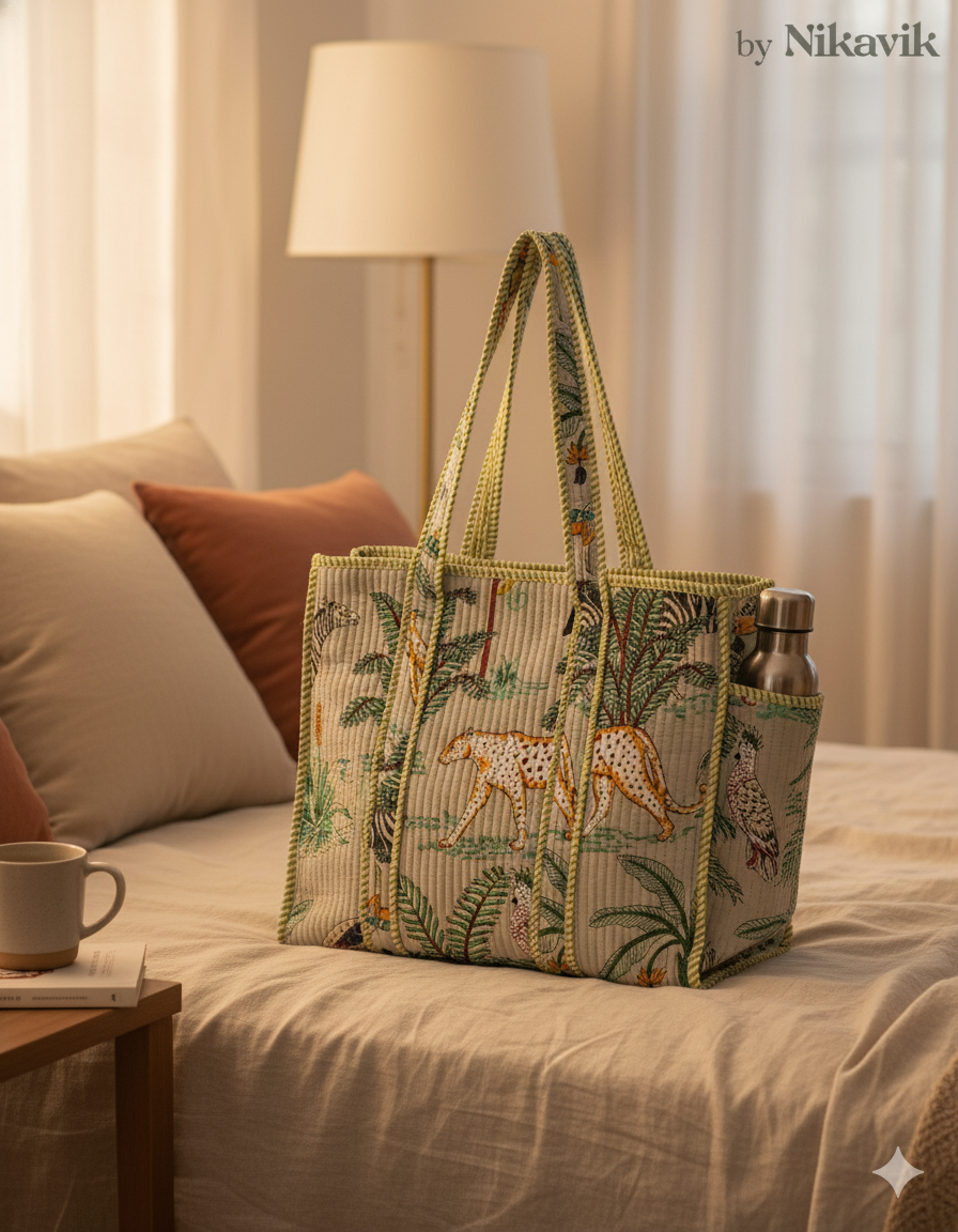 Beige Cotton Premium & Elegant Exotic Animal Print Quilted Tote Bag For Women - Image 7