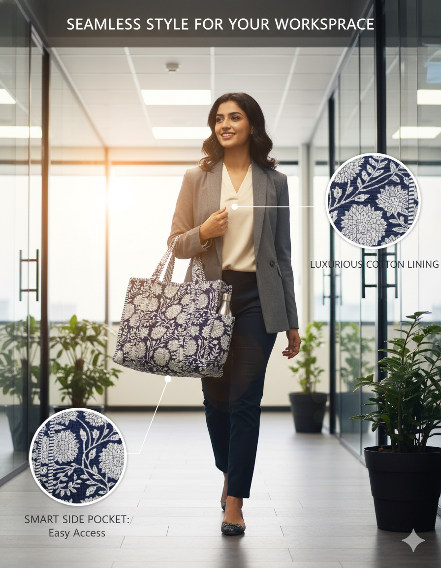 Navy Blue White Cotton Premium & Elegant Floral Hand Block Print Quilted Tote Bag For Women - Image 12