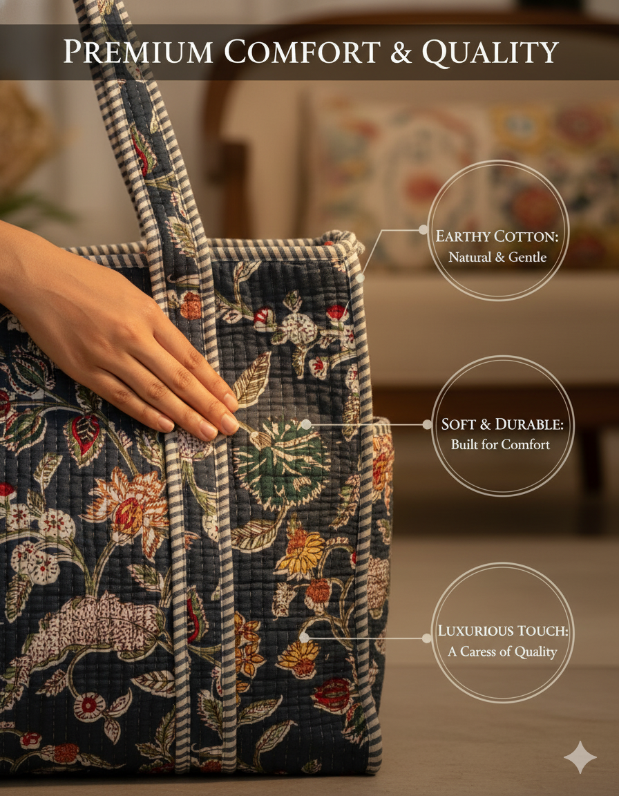Blue(Multi) Cotton Premium & Elegant Floral Hand Block Print Quilted Tote Bag For Women - Image 3