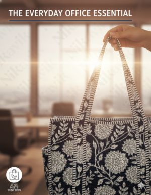 Alternative view of Navy Blue White Cotton Premium & Elegant Floral Hand Block Print Quilted Tote Bag For Women