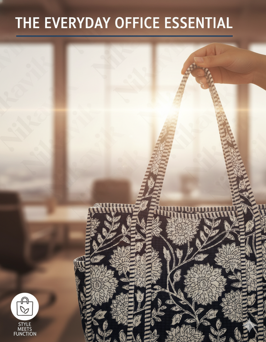 Navy Blue White Cotton Premium & Elegant Floral Hand Block Print Quilted Tote Bag For Women - Image 2
