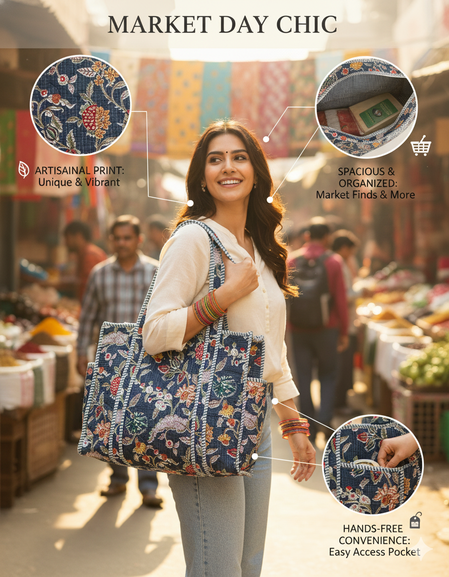 Blue(Multi) Cotton Premium & Elegant Floral Hand Block Print Quilted Tote Bag For Women - Image 9