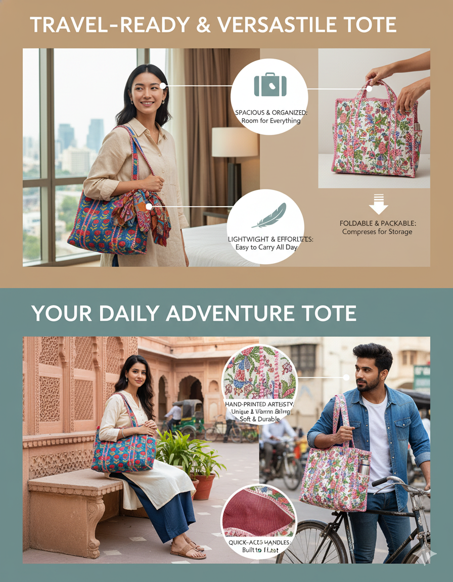 Blue(Multi) Cotton Premium & Elegant Floral Hand Block Print Quilted Tote Bag For Women - Image 2