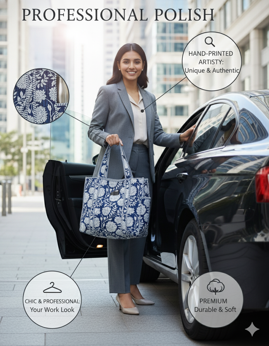 Navy Blue White Cotton Premium & Elegant Floral Hand Block Print Quilted Tote Bag For Women - Image 3